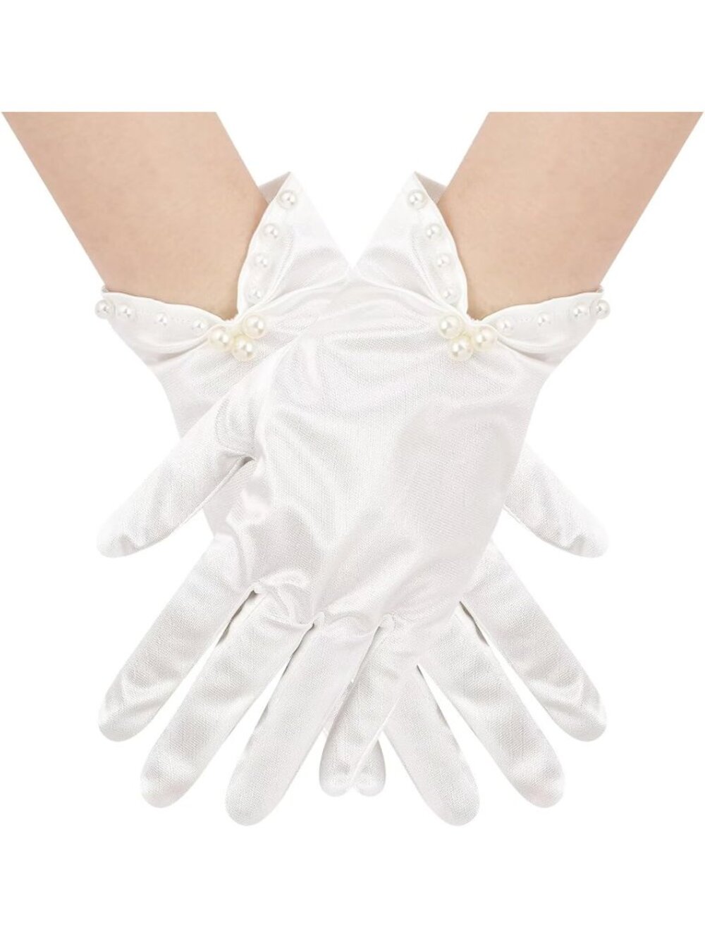 Women's Ivory Short Satin Gloves with Pearl Tea Party Opera Banquet Gloves